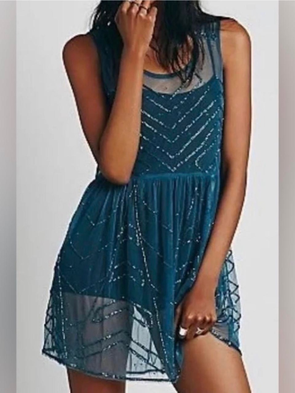 Free People Teal Beaded Mesh Mini Dress